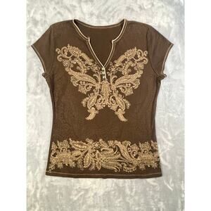 Vintage Y2K rhinestone butterfly babydoll tee T shirt brown v-neck Large stretch
